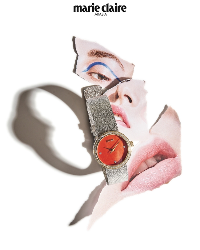 ساعة La D de Dior Satine بميناء مطليّ باللون البرتقالي من .Dior Timepieces