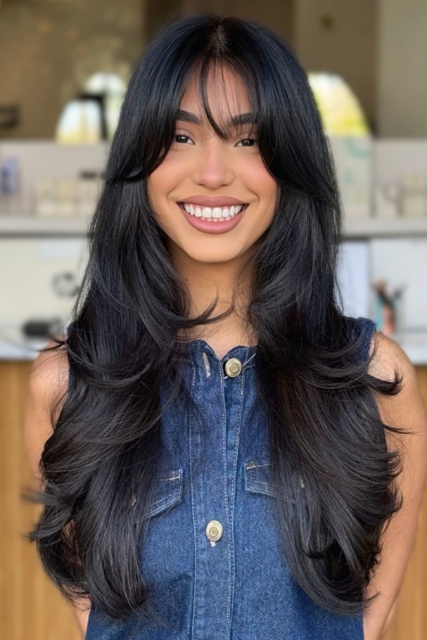تسريحة Long Feathered Layers with Wispy Curtain Bangs
