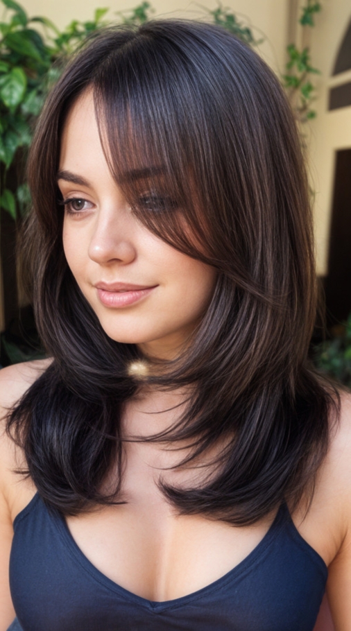 تسريحة Sleek Medium Layers with Soft Curtain Bangs