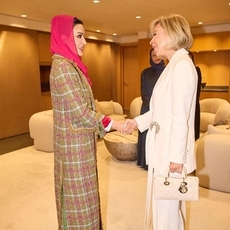 الشيخة موزا متألقة خلال لقائها السيدة الأولى نعمت عون